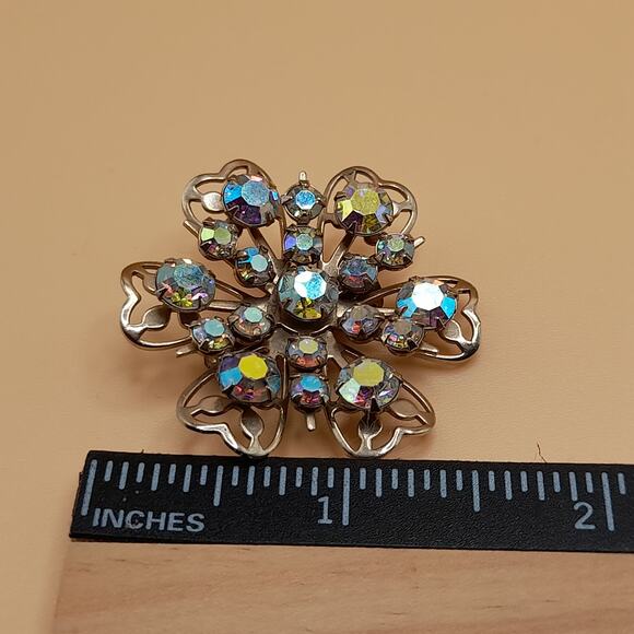 Vintage Aurora Borealis Floral Brooch, 1 1/2" Gold Tone, 1950s Vintage Jewelry - Picture 7 of 9